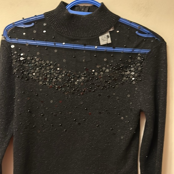 1 Once Again black sweater mesh neckline  sequin beads trim sparkles  size L - Picture 3 of 5